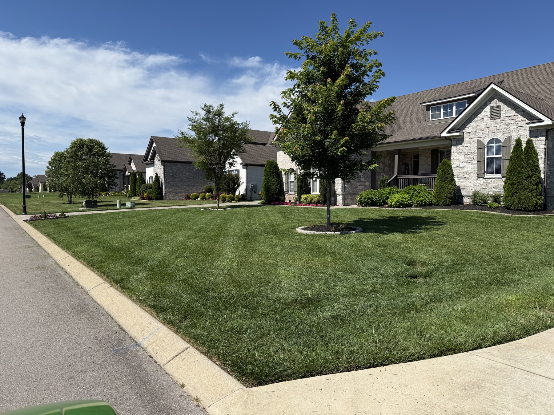 Freshly striped residential lawn maintained by Gentry Grounds Co.